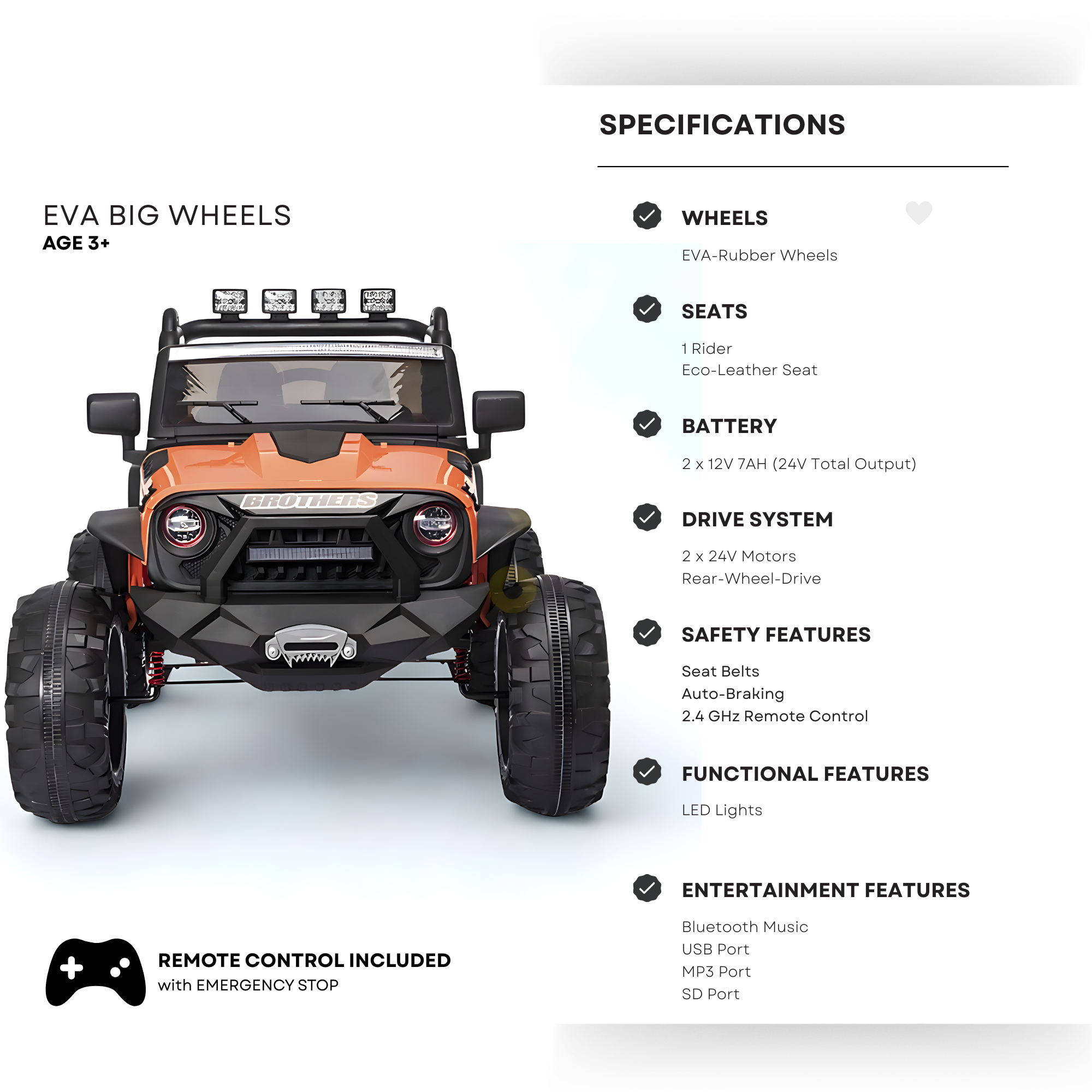 Orange 24V EVA Big Wheels Edition Kids’ Ride-On Truck W/ Rubber Wheels, Music & RC