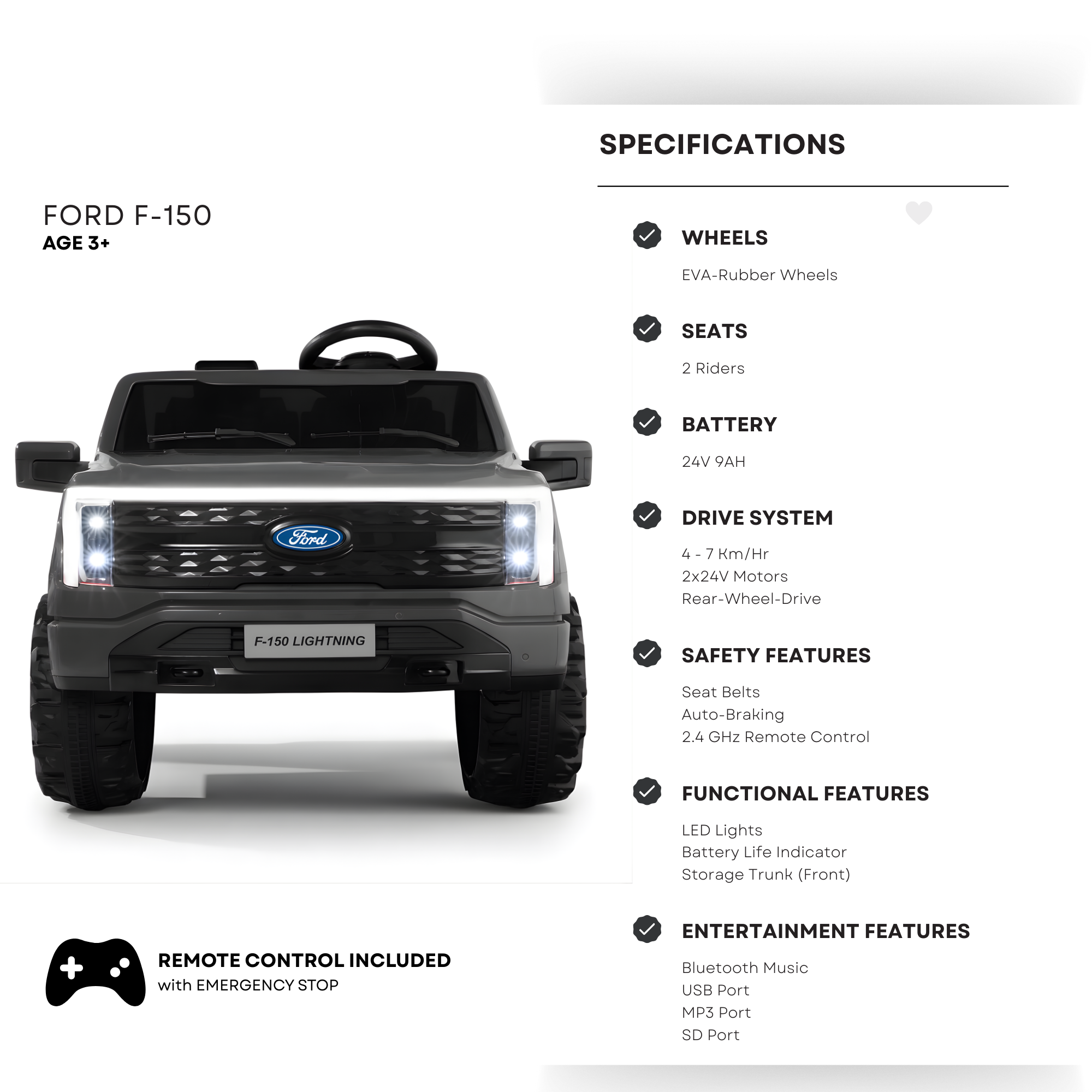 Black 2 Seater Lighting Edition Ford F-150, 24V Kids Ride on Truck