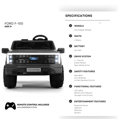 Black 2 Seater Lighting Edition Ford F-150, 24V Kids Ride on Truck.