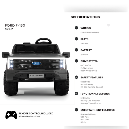Black 2 Seater Lighting Edition Ford F-150, 24V Kids Ride on Truck