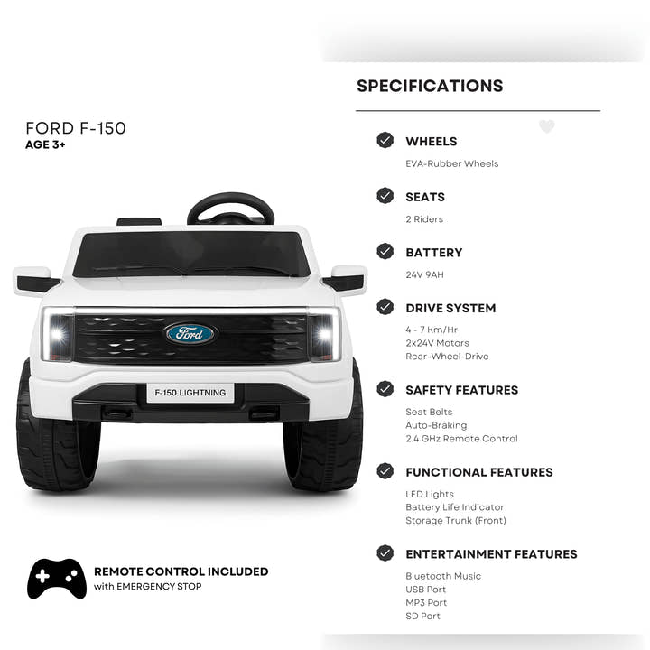 White 2 Seater Lighting Edition Ford F-150, 24V Kids Ride on Truck.