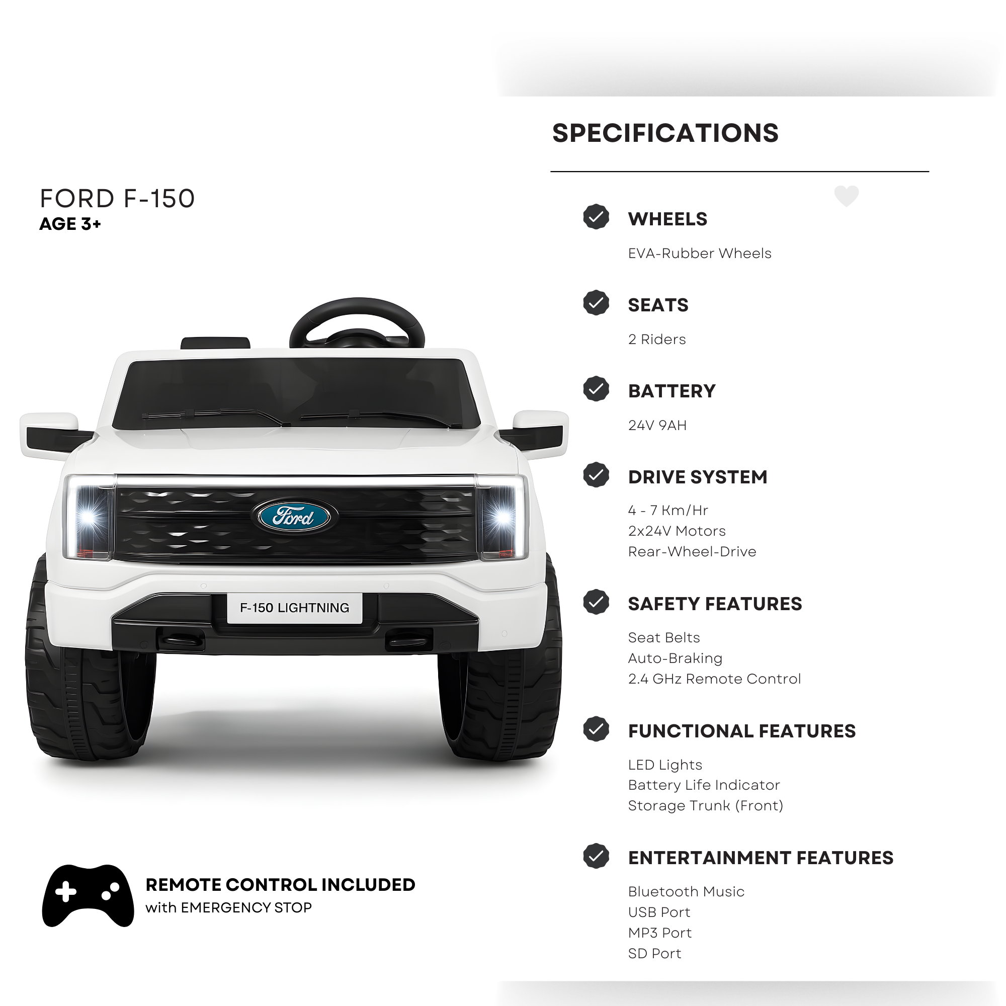 White 2 Seater Lighting Edition Ford F-150, 24V Kids Ride on Truck