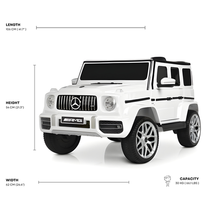 12V Luxury White Mercedes Benz AMG G63 Ride-On SUV W/ Rubber Wheels, Leather Seat, Bluetooth & RC