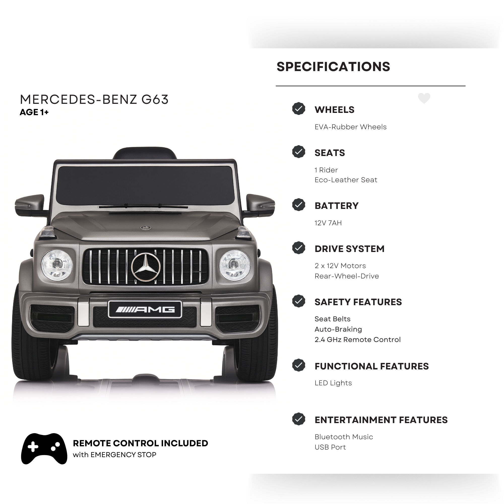12V Luxury Matte Grey Edition Mercedes Benz AMG G63 Ride-On SUV W/ Rubber Wheels, Leather Seat, Bluetooth & RC