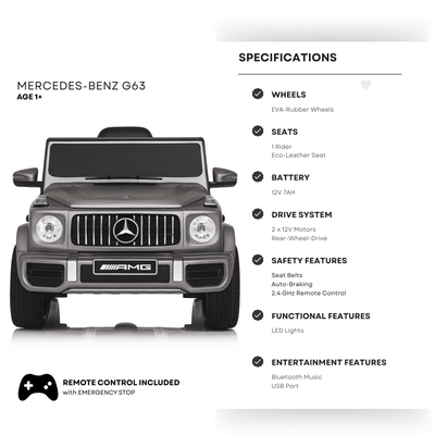 12V Luxury Matte Grey Edition Mercedes Benz AMG G63 Ride-On SUV W/ Rubber Wheels, Leather Seat, Bluetooth & RC.