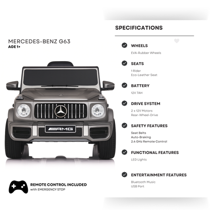 12V Luxury Matte Grey Edition Mercedes Benz AMG G63 Ride-On SUV W/ Rubber Wheels, Leather Seat, Bluetooth & RC