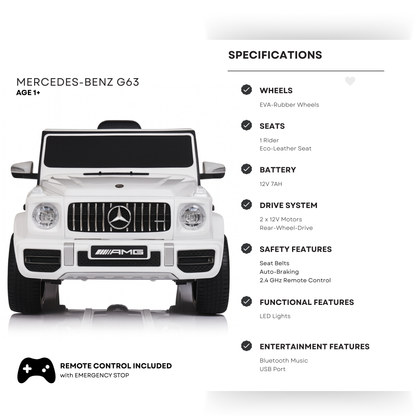 12V Luxury White Mercedes Benz AMG G63 Ride-On SUV W/ Rubber Wheels, Leather Seat, Bluetooth & RC
