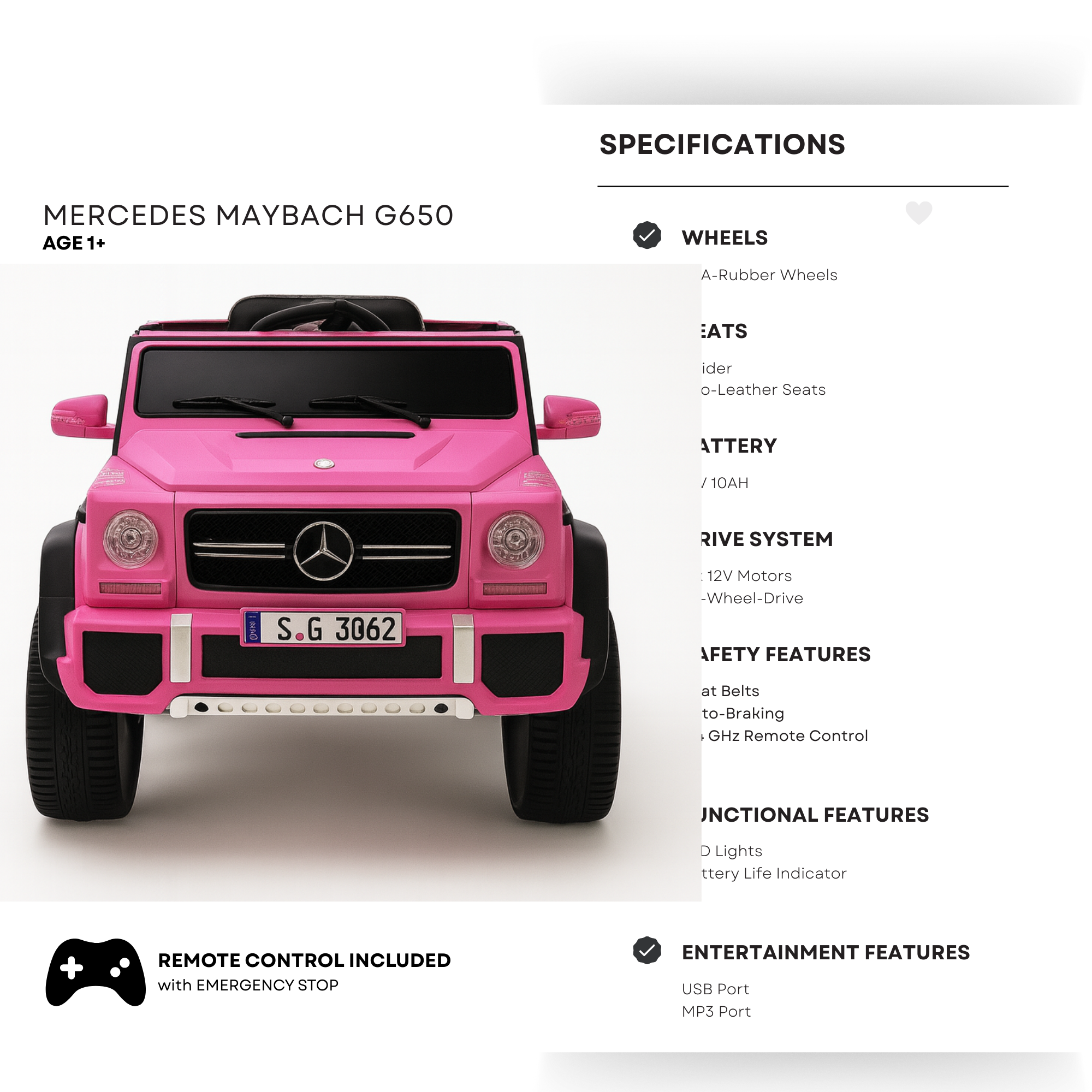 12V Pink Luxury Mercedes Maybach G650s Kids' 4x4 Ride-on SUV W/ Rubber Wheels, Music & RC