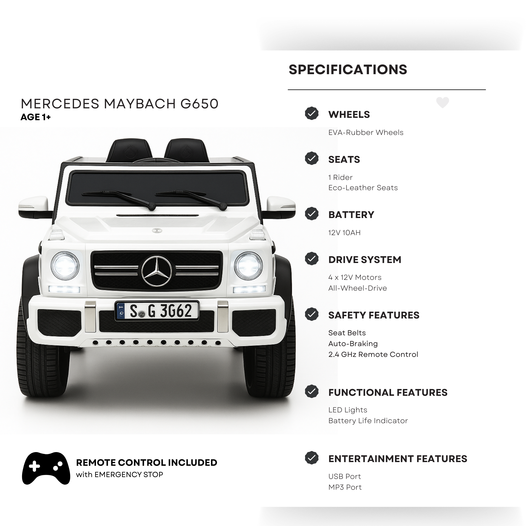 12V White Luxury Mercedes Maybach G650s Kids' 4x4 Ride-on SUV