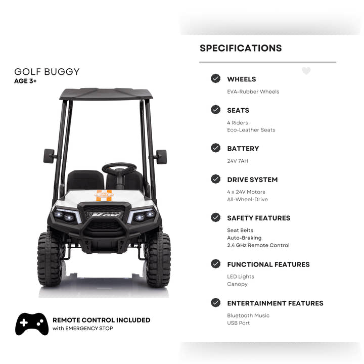 24V White Golf Buggy Edition 4-Seater 4x4 Kids' Ride-On UTV W/ Canopy, EVA Rubber Wheels, Music & RC.