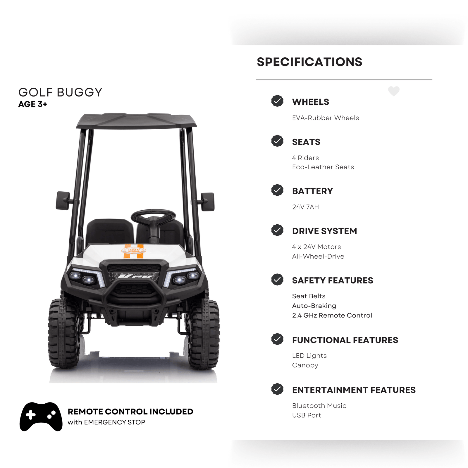 24V White Golf Buggy Edition 4-Seater 4x4 Kids' Ride-On UTV W/ Canopy, EVA Rubber Wheels, Music & RC.