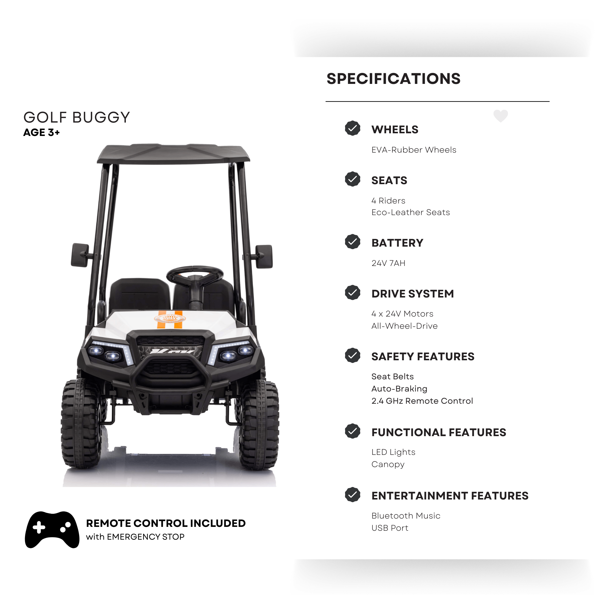 24V White Golf Buggy Edition 4-Seater 4x4 Kids' Ride-On UTV W/ Canopy, EVA Rubber Wheels, Music & RC