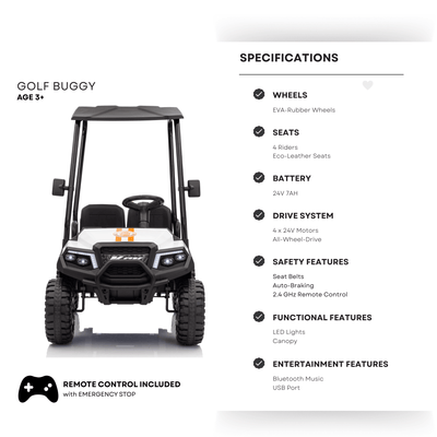 24V White Golf Buggy Edition 4-Seater 4x4 Kids' Ride-On UTV W/ Canopy, EVA Rubber Wheels, Music & RC.
