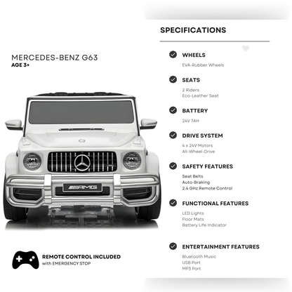 24V Exclusive White Mercedes Benz G63 2-Seater 4x4 Kids' Ride-on SUV W/ EVA Wheels, Leather Seats, Light-up Logo, BT & RC