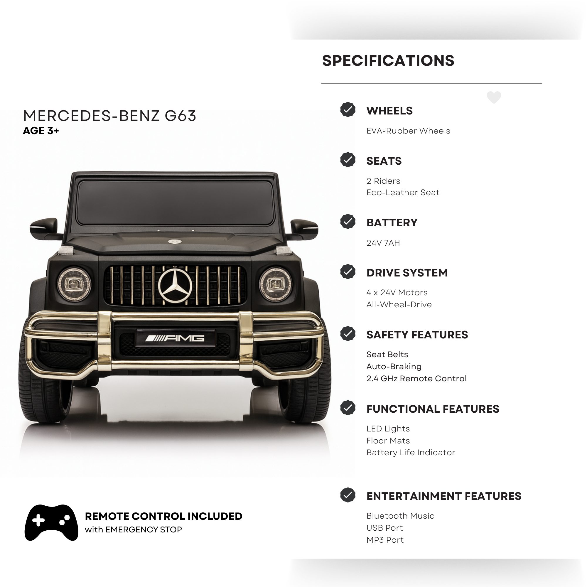 24V Exclusive Matte Black Mercedes Benz G63 2-Seater 4x4 Kids' Ride-on SUV W/ EVA Wheels, Leather Seats, Light-up Logo, BT & RC