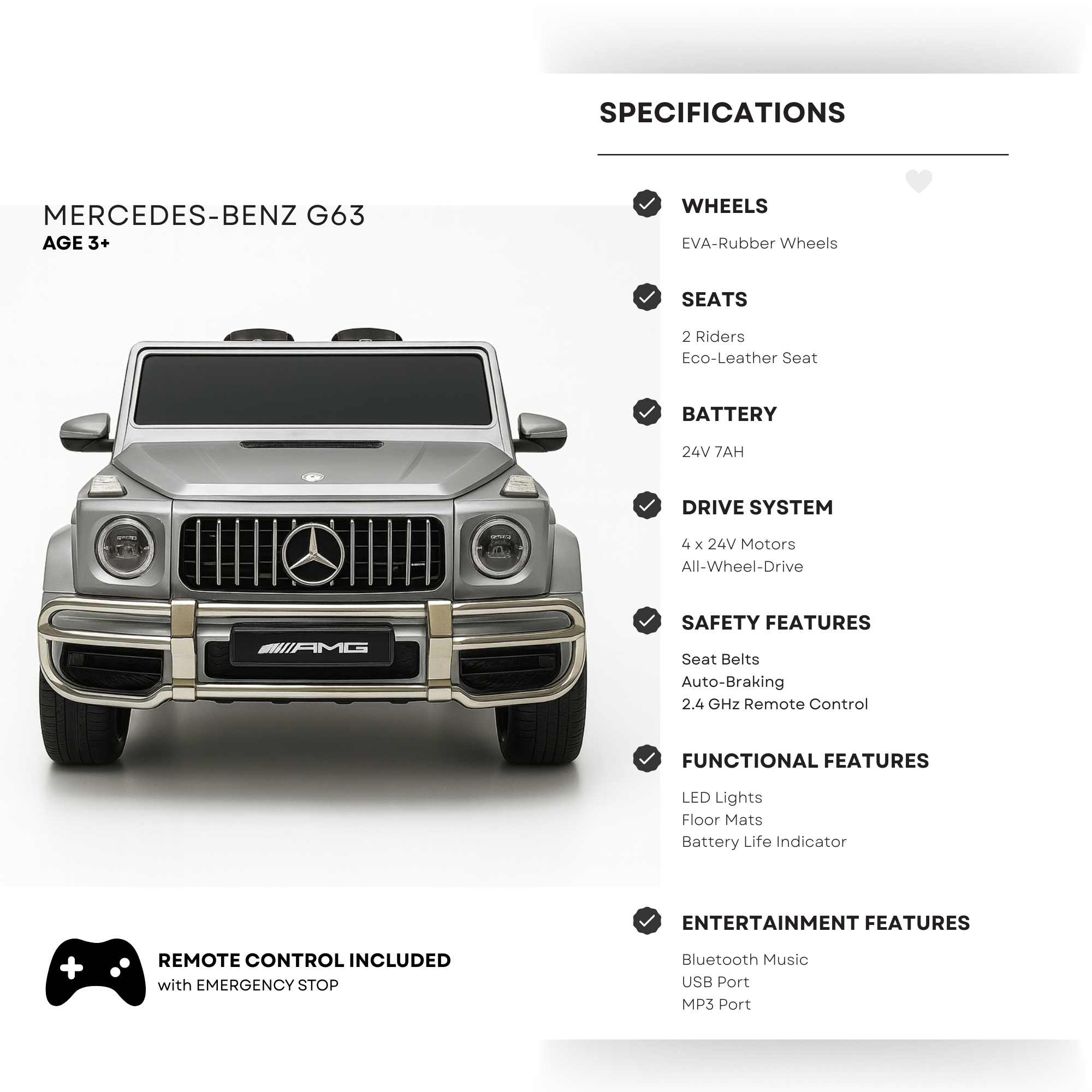 24V Exclusive Matte Grey Mercedes Benz G63 2-Seater 4x4 Kids' Ride-on SUV W/ EVA Wheels, Leather Seats, Light-up Logo, BT & RC