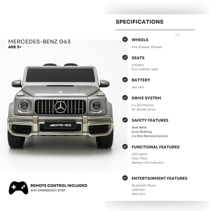 24V Exclusive Matte Grey Mercedes Benz G63 2-Seater 4x4 Kids' Ride-on SUV W/ EVA Wheels, Leather Seats, Light-up Logo, BT & RC