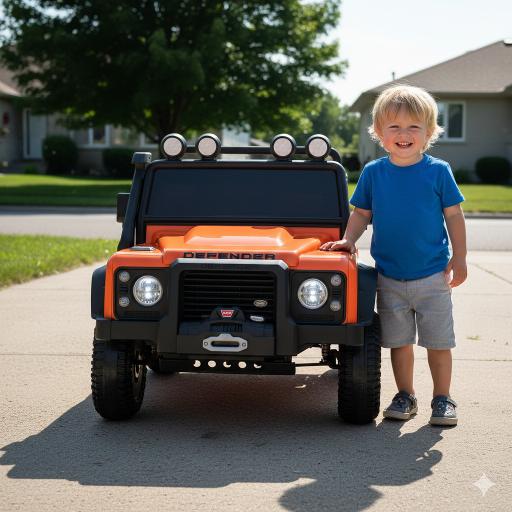 12V Orange Land Rover Defender 1-Seater AWD Ride-on Truck W/ Rubber Wheels, Music Player & RC