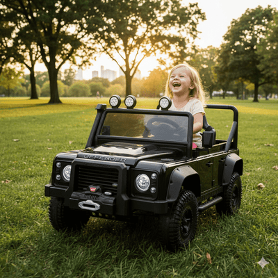 12V Black Land Rover Defender 1-Seater AWD Ride-on Truck W/ Rubber Wheels, Music Player & RC.