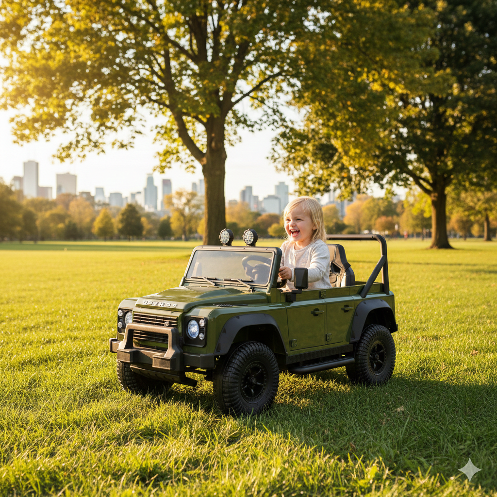 12V Green Land Rover Defender 1-Seater AWD Ride-on Truck W/ Rubber Wheels, Music Player & RC