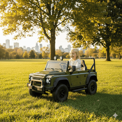 12V Green Land Rover Defender 1-Seater AWD Ride-on Truck W/ Rubber Wheels, Music Player & RC.