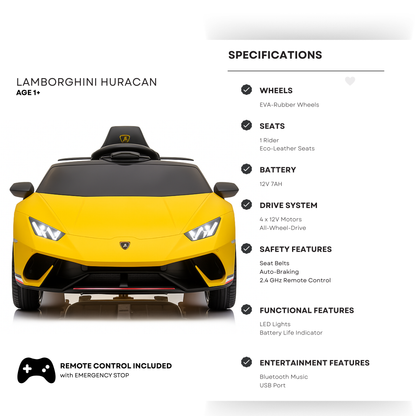 12V Yellow Lamborghini Huracan Licensed Sport Edition 4X4 Ride-On Car W/ Rubber Wheels, Bluetooth & RC