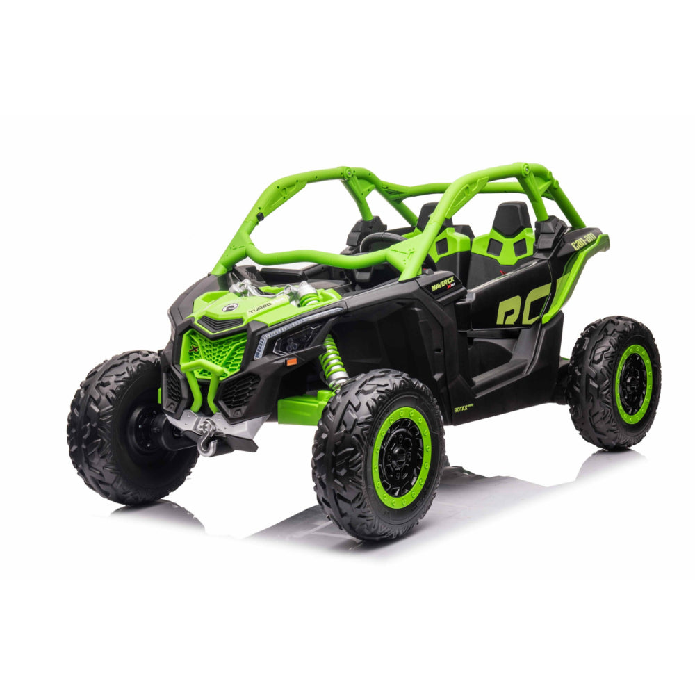 Green Licensed LX Performance Edition 2x24V Can-Am Maverick 4WD Double 24V Battery Pack, 2-Seater Kids' Buggy W/ Music, EVA Rubber Wheels, Leather Seats & RC