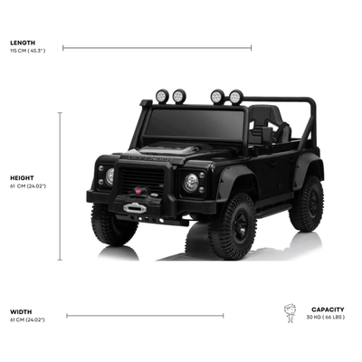 12V Black Land Rover Defender 1-Seater AWD Ride-on Truck W/ Rubber Wheels, Music Player & RC.