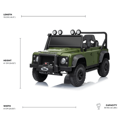 12V Green Land Rover Defender 1-Seater AWD Ride-on Truck W/ Rubber Wheels, Music Player & RC.