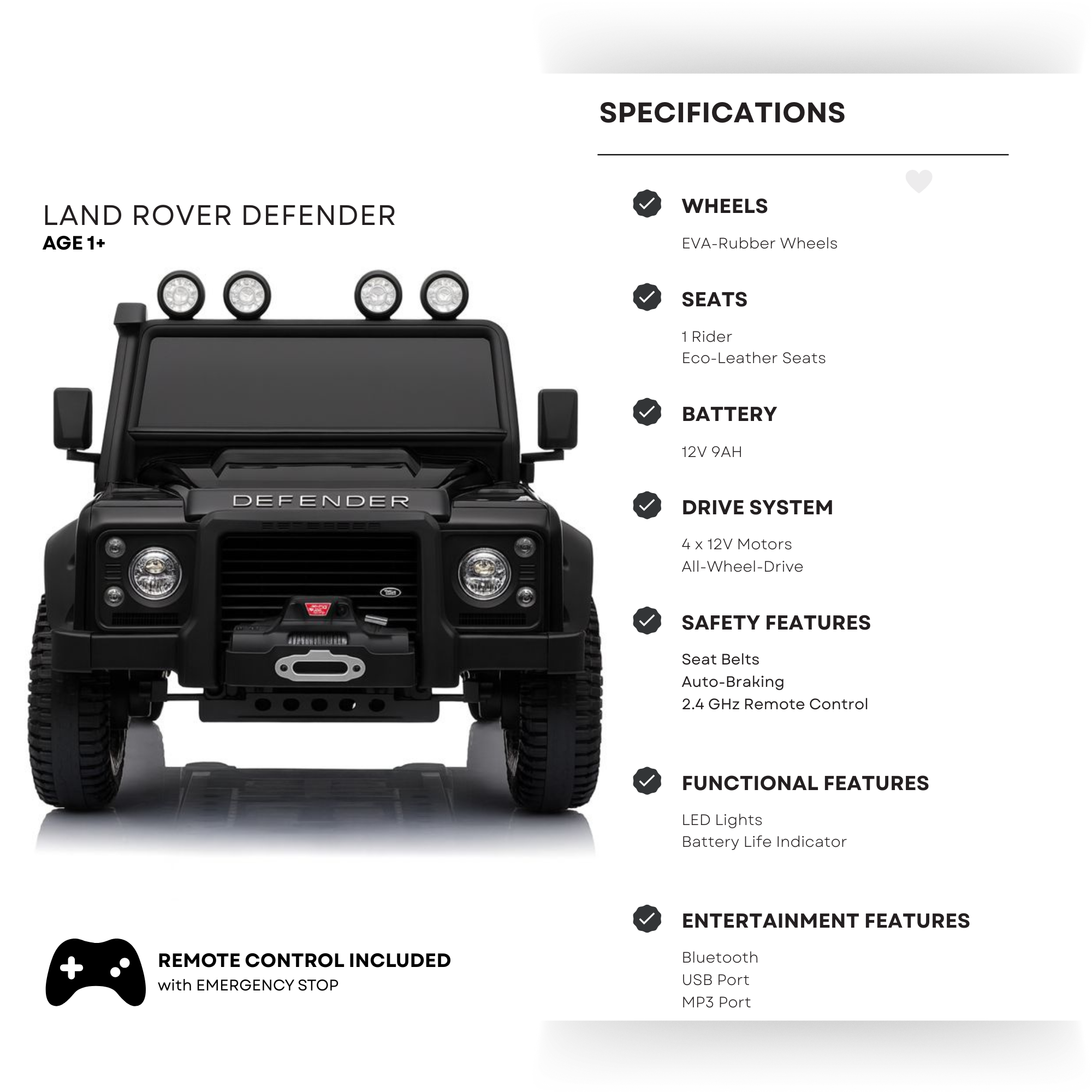 12V Black Land Rover Defender 1-Seater AWD Ride-on Truck W/ Rubber Wheels, Music Player & RC