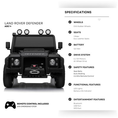 12V Black Land Rover Defender 1-Seater AWD Ride-on Truck W/ Rubber Wheels, Music Player & RC.