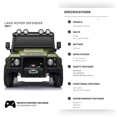 12V Green Land Rover Defender 1-Seater AWD Ride-on Truck W/ Rubber Wheels, Music Player & RC.