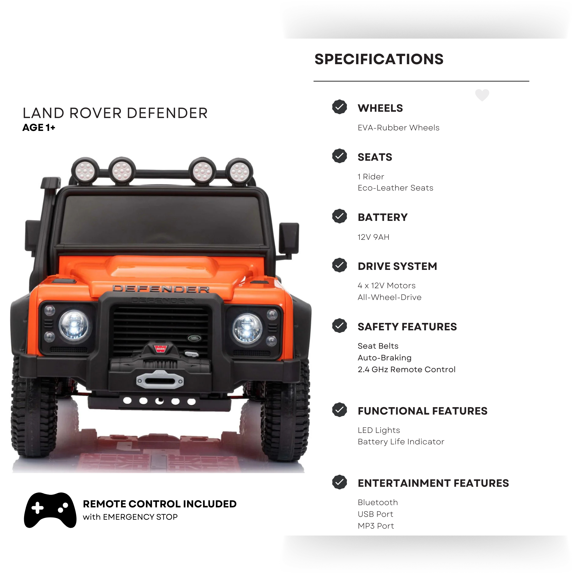 12V Orange Land Rover Defender 1-Seater AWD Ride-on Truck W/ Rubber Wheels, Music Player & RC