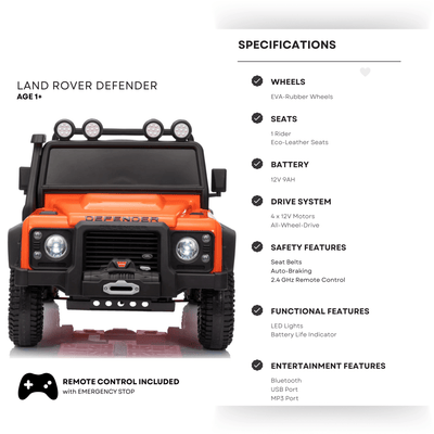 12V Orange Land Rover Defender 1-Seater AWD Ride-on Truck W/ Rubber Wheels, Music Player & RC.