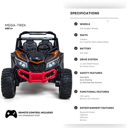 Black 2-Seater XXL Premium MegaTrek 2-Seater 24V 4X4/AWD Kids Ride on UTV Buggy W/ EVA Rubber Wheels, BT & RC