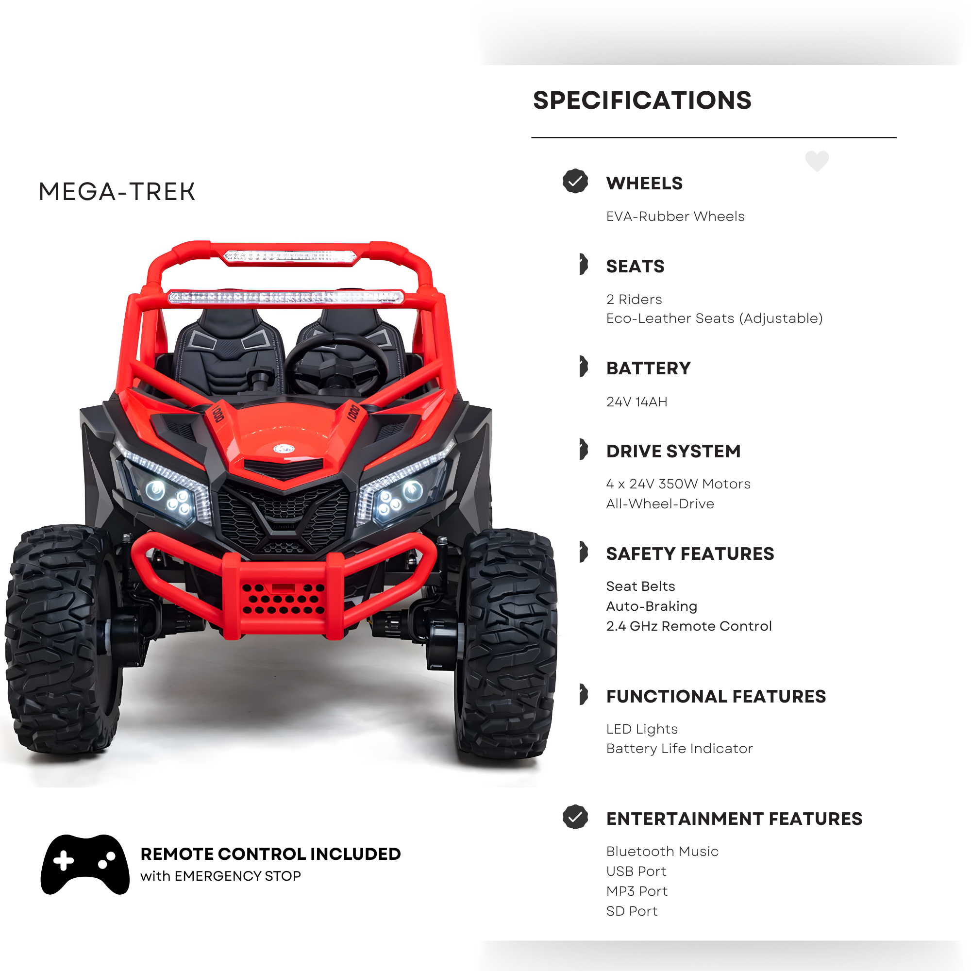 Red 2-Seater XXL Premium MegaTrek 2-Seater 24V 4X4/AWD Kids Ride on UTV Buggy W/ EVA Rubber Wheels, BT & RC