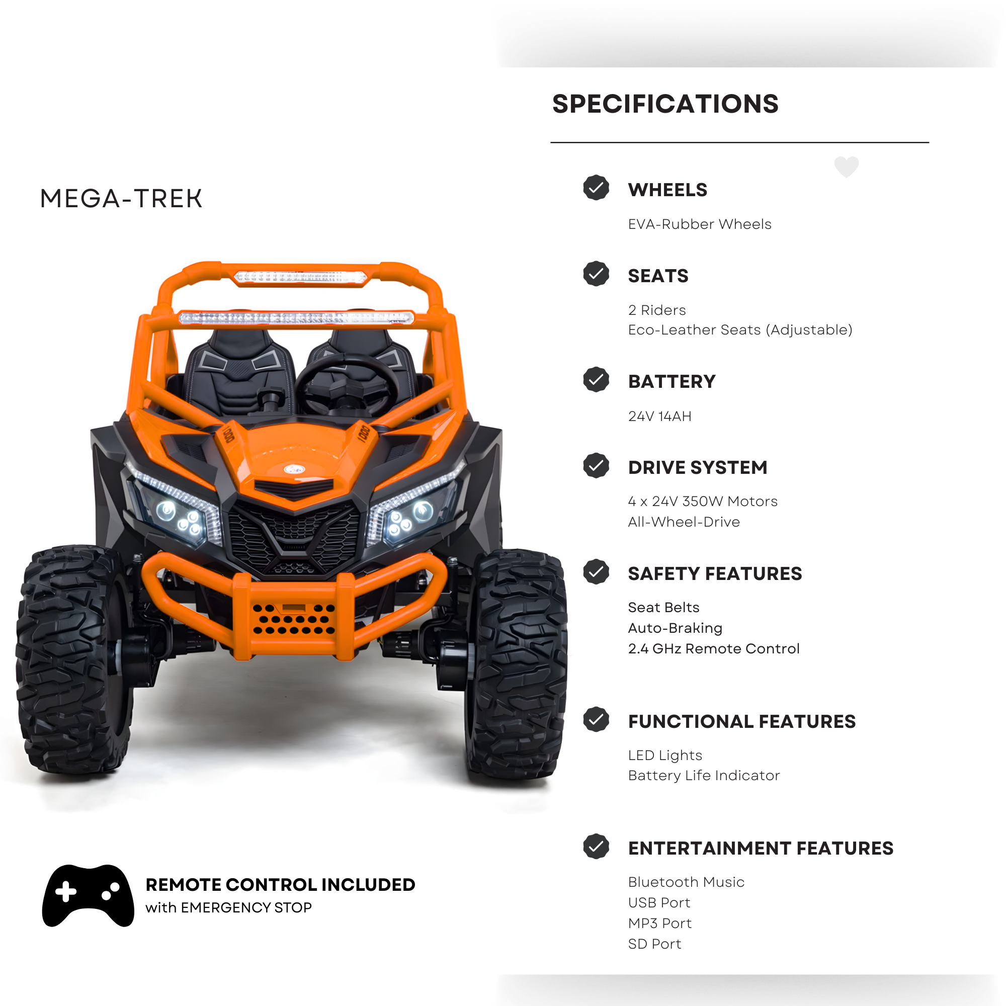 Orange 2-Seater XXL Premium MegaTrek 2-Seater 24V 4X4/AWD Kids Ride on UTV Buggy W/ EVA Rubber Wheels, BT & RC