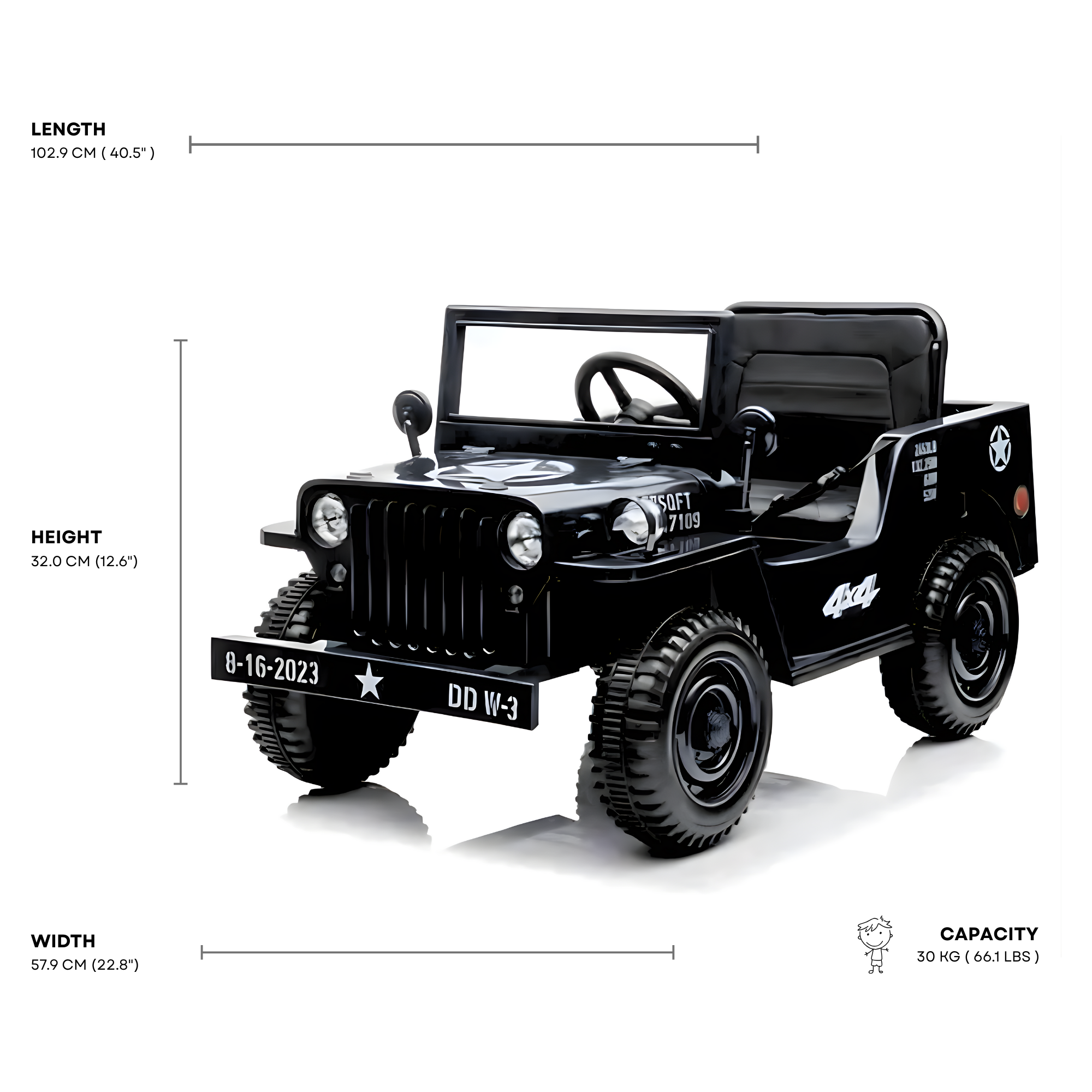 12V Black Limited Edition Kids 1-Seater Military Ride-on Truck W/ EVA Rubber Wheels, Music & RC