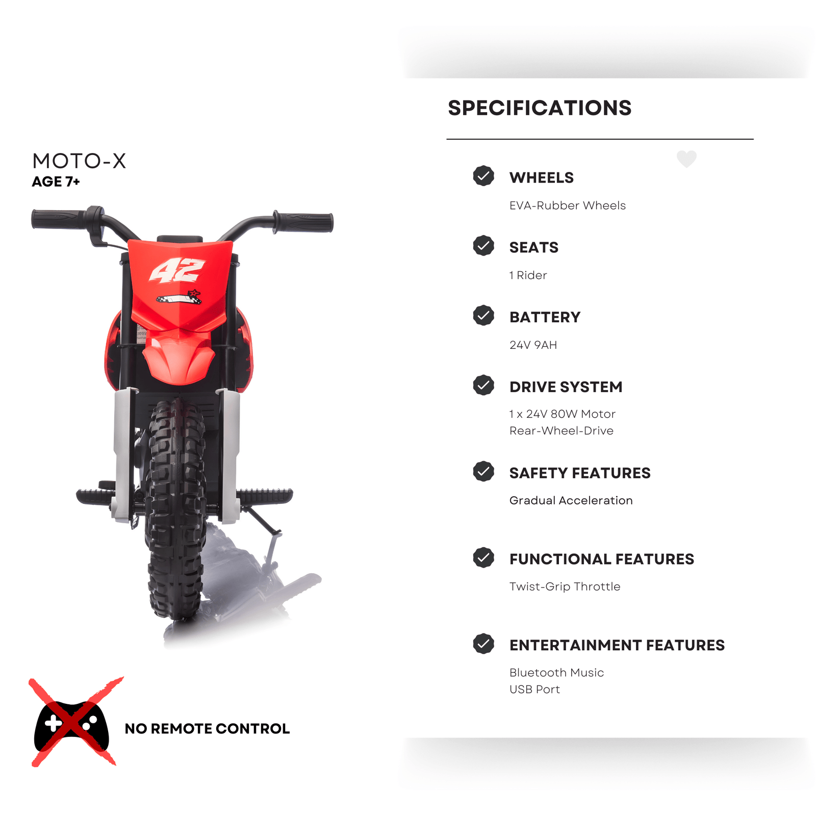 Red 24V Electric MotoX Dirt Bike for Kids, Up to 18 km/h.