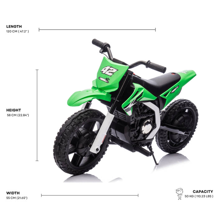 Green 24V Electric MotoX Dirt Bike for Kids, Up to 18 km/h.