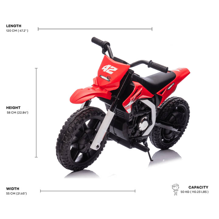 Red 24V Electric MotoX Dirt Bike for Kids, Up to 18 km/h.