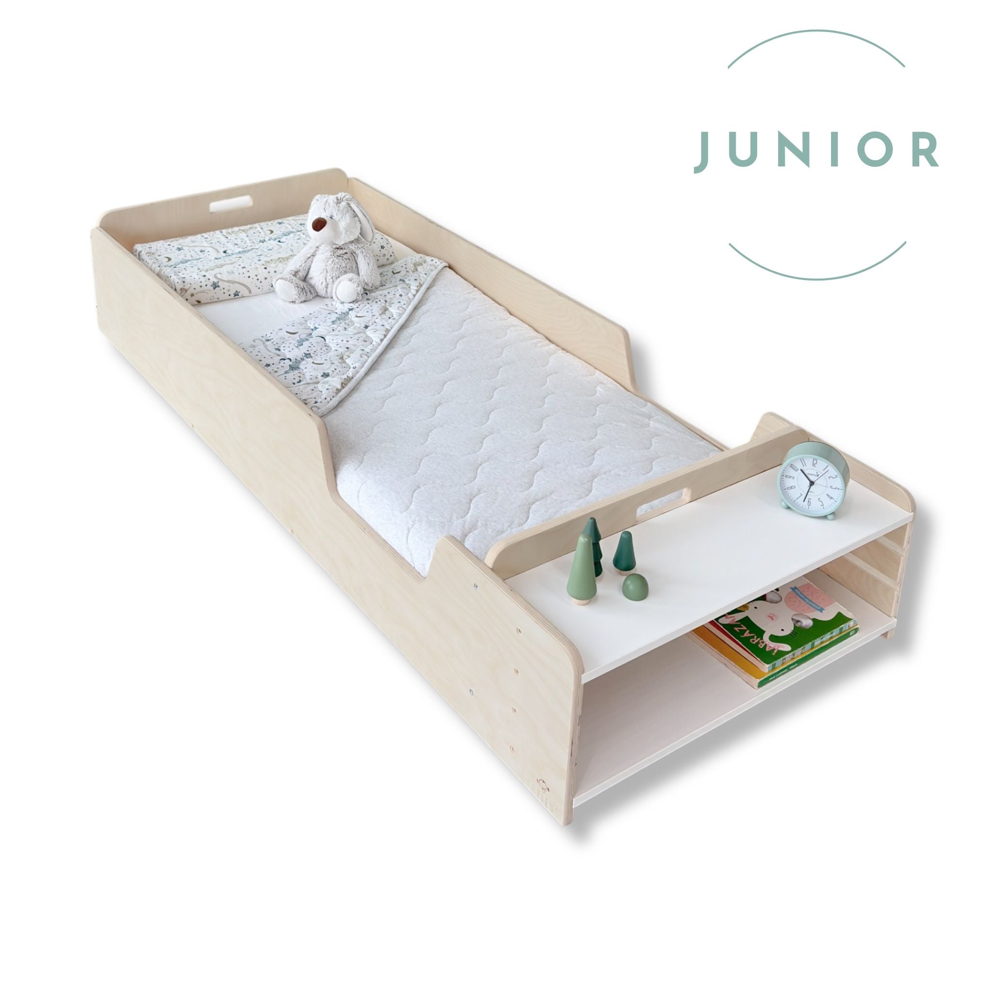 APPLE JUNIOR - Montessori Floor Bed with Rails & Shelves