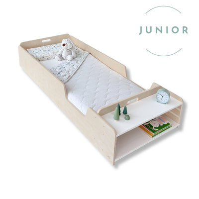 APPLE JUNIOR - Montessori Floor Bed with Rails & Shelves.