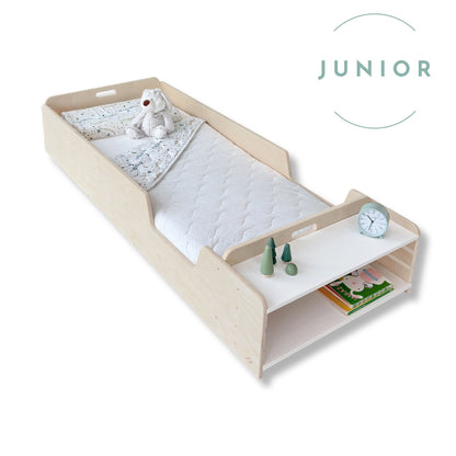 APPLE JUNIOR - Montessori Floor Bed with Rails & Shelves