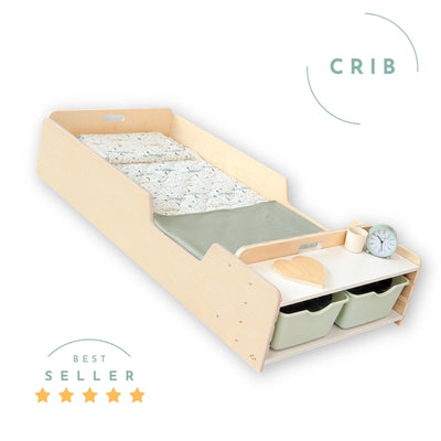 APPLE CRIB - Montessori Floor Bed with Rails & Shelves.