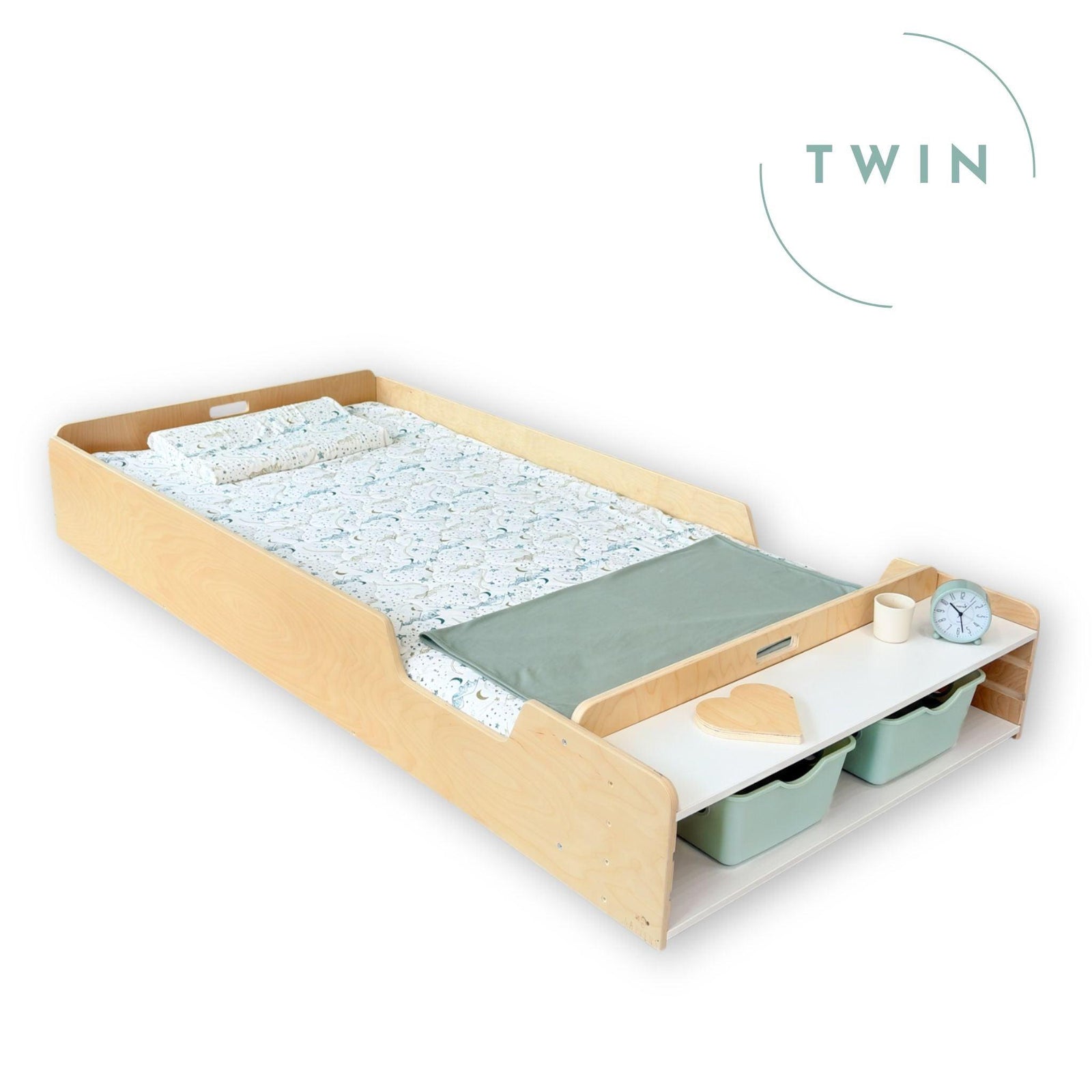 APPLE TWIN - Montessori Floor Bed with Rails & Shelves.