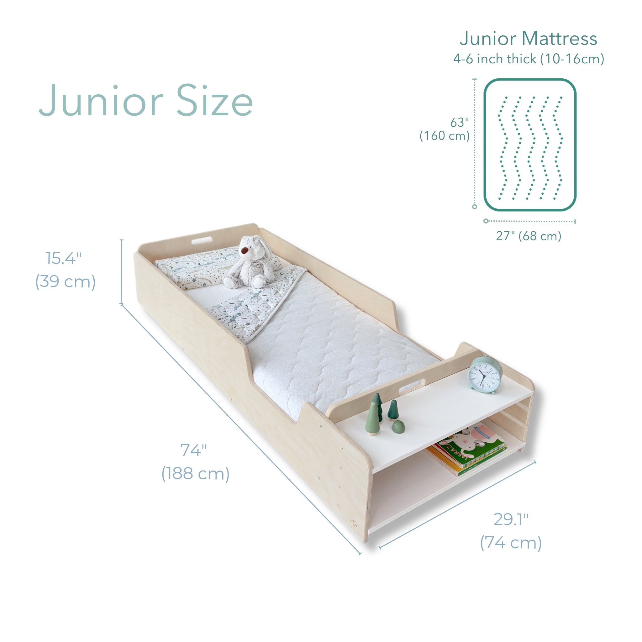 APPLE JUNIOR - Montessori Floor Bed with Rails & Shelves