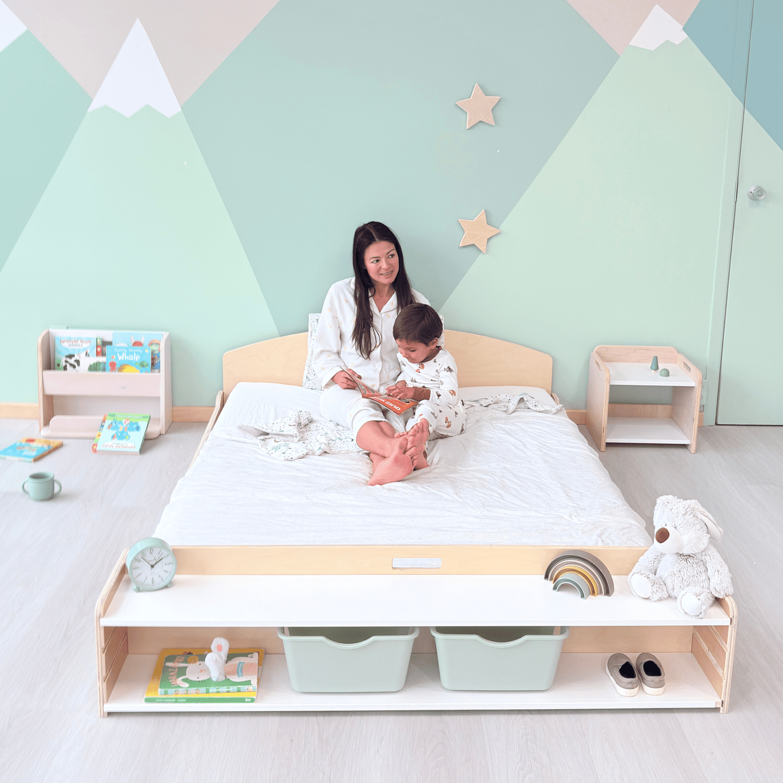 CHERRY FULL - Montessori Floor Bed with Shelves.