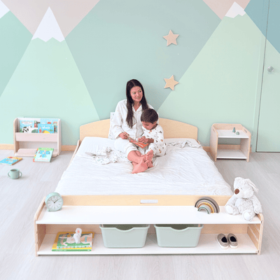 CHERRY FULL - Montessori Floor Bed with Shelves.