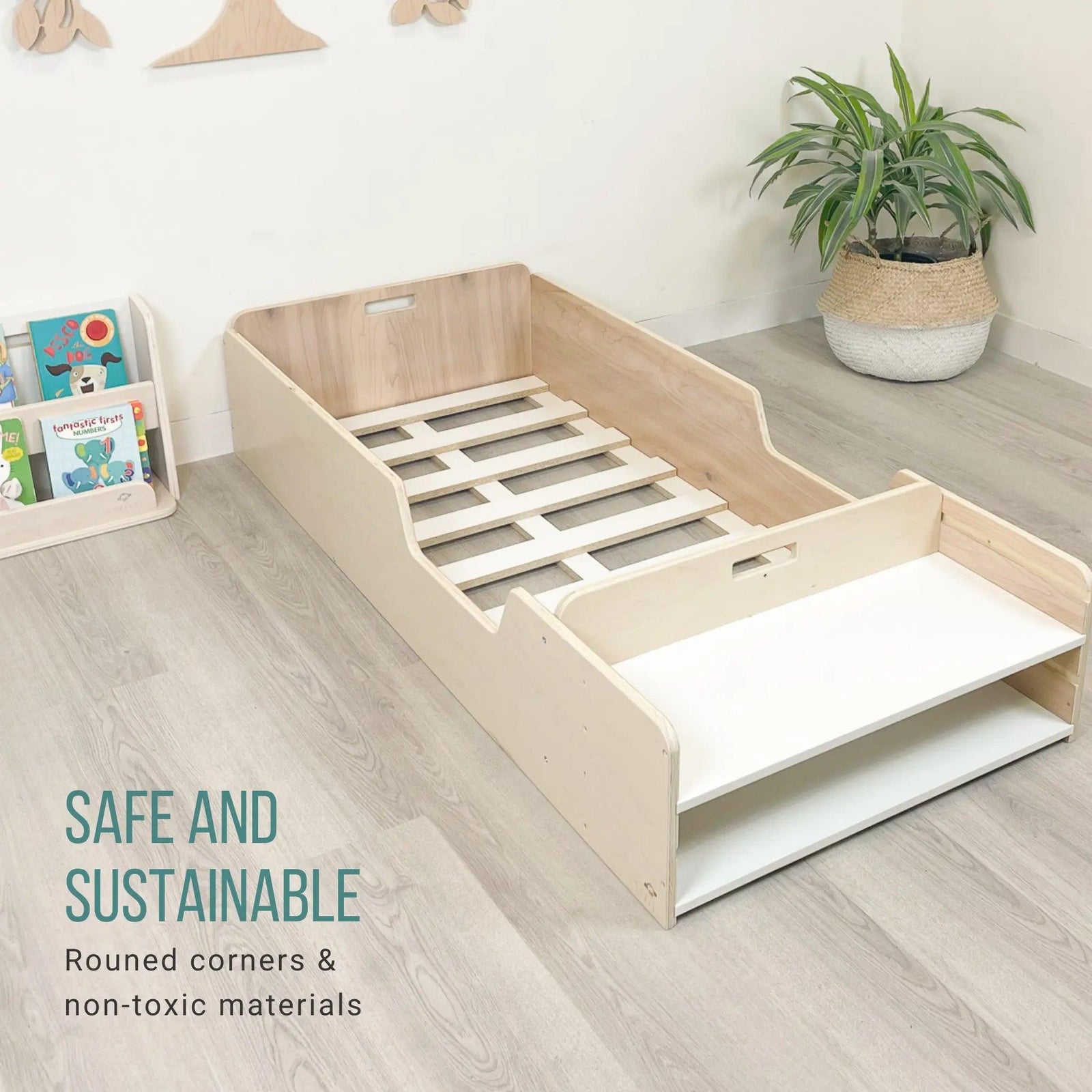 APPLE TWIN - Montessori Floor Bed with Rails & Shelves.